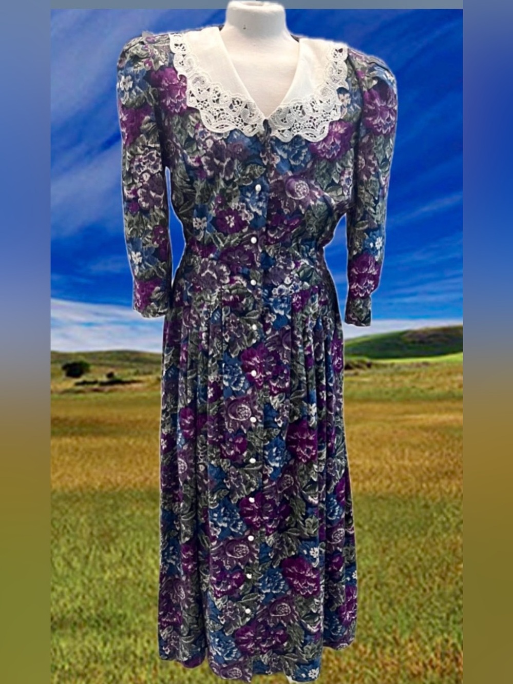 Vintage Ms.Dorby Purple Floral Maxi Dress with Lace Collar and Pearl Buttons